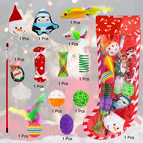 ZALALOVA Christmas Stocking Cats Toys Gifts Set, 12 Pcs Xmas Cat Toys Gifts Includes Interactive Toys Squeaky Toys, Balls Christmas Candy Bell Cat Teaser Penguin Santa Shape Toys for Small Pets