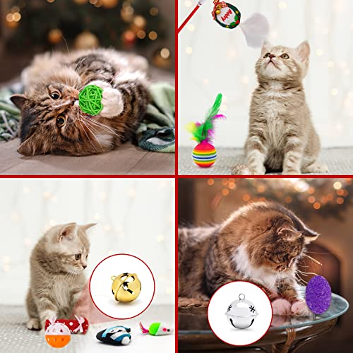 ZALALOVA Christmas Stocking Cats Toys Gifts Set, 12 Pcs Xmas Cat Toys Gifts Includes Interactive Toys Squeaky Toys, Balls Christmas Candy Bell Cat Teaser Penguin Santa Shape Toys for Small Pets