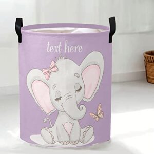 Personalized Butterfly Elephant Purple Laundry Hamper with Name Text Storage Clothes Basket Foldable Laundry Bag with Handles