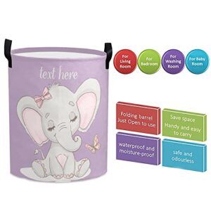 Personalized Butterfly Elephant Purple Laundry Hamper with Name Text Storage Clothes Basket Foldable Laundry Bag with Handles