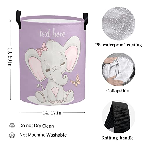 Personalized Butterfly Elephant Purple Laundry Hamper with Name Text Storage Clothes Basket Foldable Laundry Bag with Handles