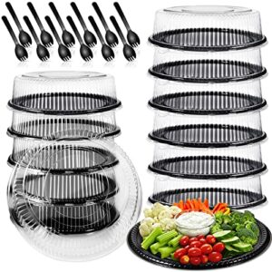 12 pack heavy duty serving tray with clear lid and sporks, large plastic tray with elegant platter round black disposable for fruit sandwich party takeout food catering picnic (12 inch)