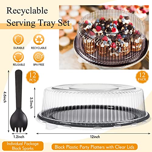 12 Pack Heavy Duty Serving Tray with Clear Lid and Sporks, Large Plastic Tray with Elegant Platter Round Black Disposable for Fruit Sandwich Party Takeout Food Catering Picnic (12 Inch)