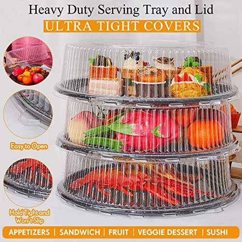 12 Pack Heavy Duty Serving Tray with Clear Lid and Sporks, Large Plastic Tray with Elegant Platter Round Black Disposable for Fruit Sandwich Party Takeout Food Catering Picnic (12 Inch)