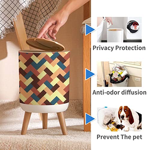 LOPYEIJFG Abstract Geometric Rectangle Cream Syrup Dark Coral Steel Blue Solid Trash Can with Lid Kitchen Bathroom Bedroom 1.8 Gallon Press Cover Wastebasket Office Wood Small Garbage Bin Waste Bin