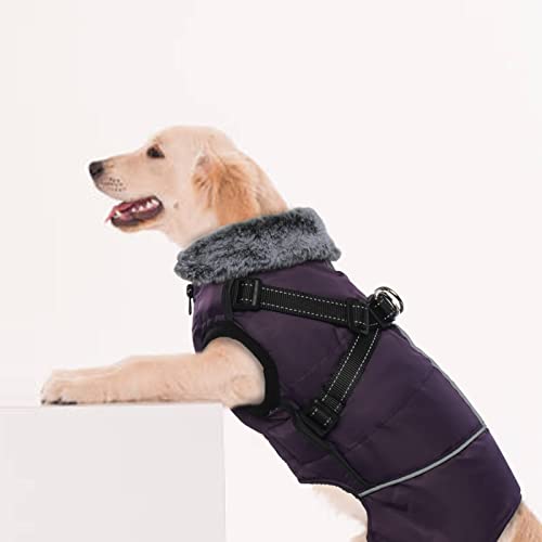 Dog Winter Coat with Harness, Windproof Warm Puppy Cold Weather Vest, Reflective Zip Up Pet Jacket, Water-Resistant Doggie Snow Clothes, Soft Fleece Lining Pup Apparel Thick Plush Collar Outfit(L)