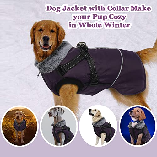 Dog Winter Coat with Harness, Windproof Warm Puppy Cold Weather Vest, Reflective Zip Up Pet Jacket, Water-Resistant Doggie Snow Clothes, Soft Fleece Lining Pup Apparel Thick Plush Collar Outfit(L)