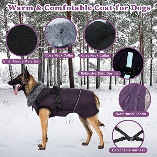 Dog Winter Coat with Harness, Windproof Warm Puppy Cold Weather Vest, Reflective Zip Up Pet Jacket, Water-Resistant Doggie Snow Clothes, Soft Fleece Lining Pup Apparel Thick Plush Collar Outfit(L)