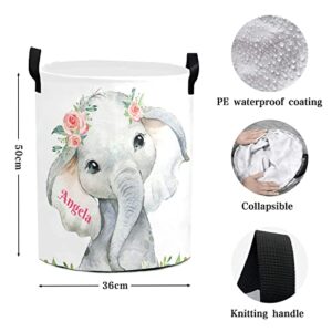 Personalized Custom Pink Flower Elephant Laundry Baskets with Name Waterproof Laundry Hampers Storage Baskets with Handles for Baby Boys Girls Gift