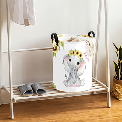 Personalized Custom Sunflower Elephant Laundry Baskets with Name Collapsible Clothes Storage Basket with Handle for Bathroom Bedroom Kitchen