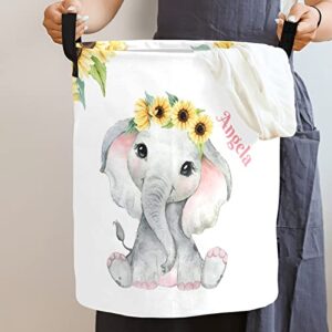 Personalized Custom Sunflower Elephant Laundry Baskets with Name Collapsible Clothes Storage Basket with Handle for Bathroom Bedroom Kitchen