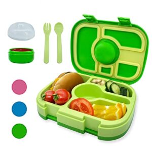 hcywoc bento box for kids - leakproof 5 compartments bento kids lunch box with cutlery and sauce container - ideal portion sizes for ages 3 to 7 kids back to school, bpa-free, dishwasher safe, green