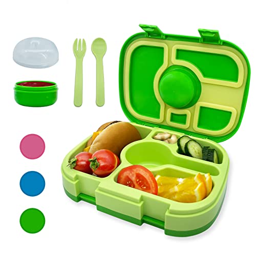 HCYWOC Bento Box for Kids - Leakproof 5 Compartments Bento Kids Lunch Box with Cutlery and Sauce Container - Ideal Portion Sizes for Ages 3 to 7 Kids Back to School, BPA-Free, Dishwasher Safe, Green