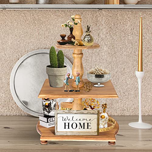 NISE, Farmhouse Three Tiered Tray Stand - 22x16 inch Farmhouse 3 Tier Tray - White Wooden Decorative Tiered Tray for Tier Tray Decor - Kitchen Table Centerpieces (Brown) (NTTT)