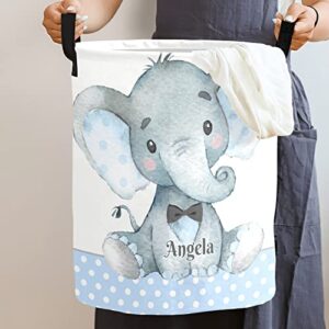 Personalized Custom Elephant Blue Dots Laundry Baskets with Name Waterproof Laundry Hampers Storage Baskets with Handles for Baby Boys Girls Gift