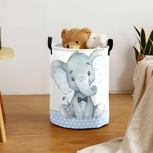 Personalized Custom Elephant Blue Dots Laundry Baskets with Name Waterproof Laundry Hampers Storage Baskets with Handles for Baby Boys Girls Gift