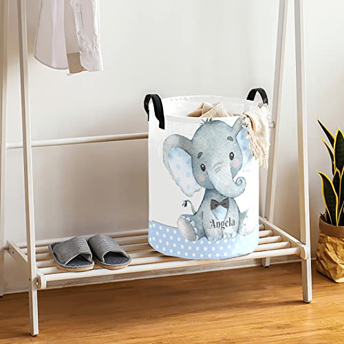 Personalized Custom Elephant Blue Dots Laundry Baskets with Name Waterproof Laundry Hampers Storage Baskets with Handles for Baby Boys Girls Gift