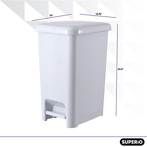 Superio Slim Trash Can with Foot Pedal – 16 Gallon Step-On Trash Can, Tall Plastic Garbage Can, Extra Large Trash Can for Bathroom, Kitchen, Office, Patio, or Backyard – White Smoke