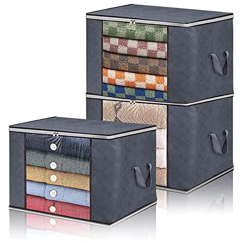 Micilelife Clothes Storage Bag 90L Large Storage Bags Closet Organizers and Storage，3-Pack, Gray,Foldable Organizer, With Clear Window,Suitable for Finishing Of Household ItemsReinforced Thick and Durable Organizer, Suitable for Finishing the Bedrooms,To