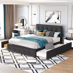 queen upholstered platform bed with 2 storage drawers and 1 twin xl trundle, linen fabric, wood bed frame (queen size, dark gray)