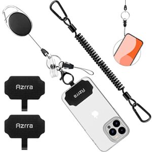 azrra theft and drop protection phone tether - 31” safety retractable phone clip, anti-drop travel clip, universal retractable lanyard with carabiner and tether tabs (black, 1 pack)