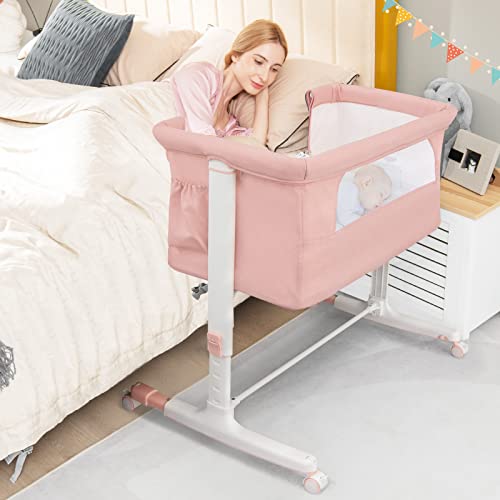 BABY JOY Bassinet Bedside Sleeper, 3 in 1 Folding Crib w/Adjustable Height, Mattress, Lockable Wheels, Storage Pocket & Carry Bag for Infant Newborn, Stationary & Rock, Portable Baby Bassinet (Pink)