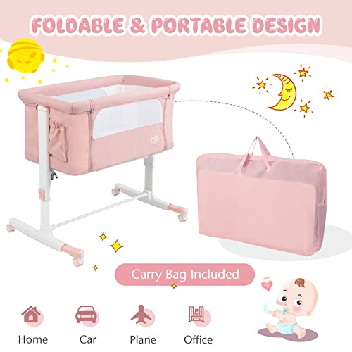 BABY JOY Bassinet Bedside Sleeper, 3 in 1 Folding Crib w/Adjustable Height, Mattress, Lockable Wheels, Storage Pocket & Carry Bag for Infant Newborn, Stationary & Rock, Portable Baby Bassinet (Pink)