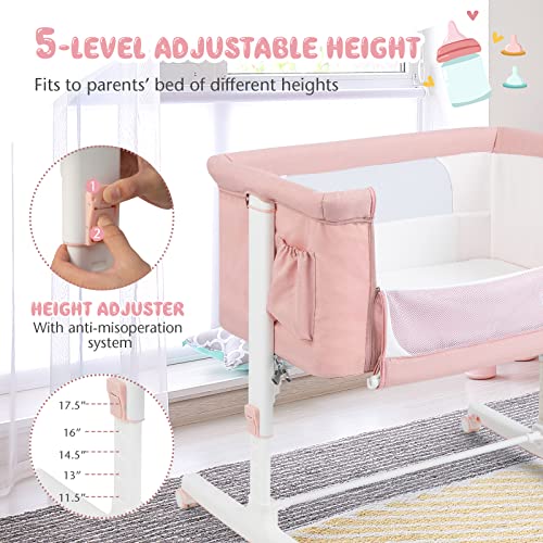 BABY JOY Bassinet Bedside Sleeper, 3 in 1 Folding Crib w/Adjustable Height, Mattress, Lockable Wheels, Storage Pocket & Carry Bag for Infant Newborn, Stationary & Rock, Portable Baby Bassinet (Pink)