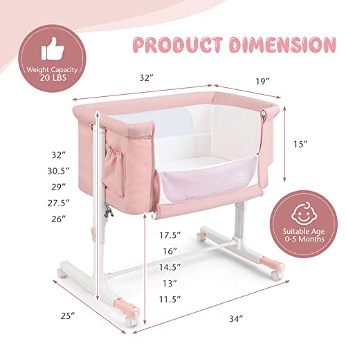 BABY JOY Bassinet Bedside Sleeper, 3 in 1 Folding Crib w/Adjustable Height, Mattress, Lockable Wheels, Storage Pocket & Carry Bag for Infant Newborn, Stationary & Rock, Portable Baby Bassinet (Pink)