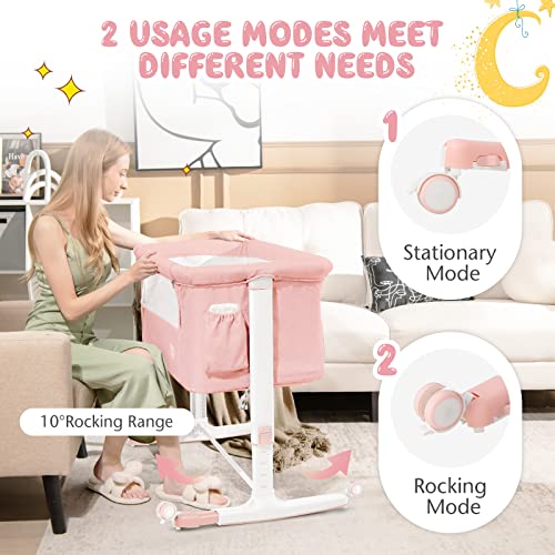 BABY JOY Bassinet Bedside Sleeper, 3 in 1 Folding Crib w/Adjustable Height, Mattress, Lockable Wheels, Storage Pocket & Carry Bag for Infant Newborn, Stationary & Rock, Portable Baby Bassinet (Pink)