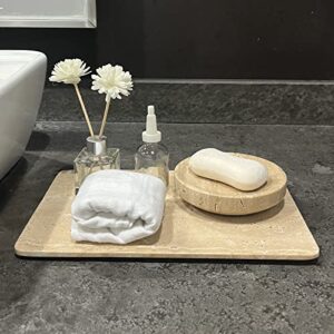 StonePlus Natural Marble Beige Travertine Tray, Pastry Cheese Tray, Dessert Coffee Plate, Double Sided Smooth Marble Slab (Beige Travertine)