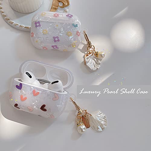 PHOEACC Cute Airpod Pro 2019 Case (NOT for Airpod 3rd 2021) Flower with Shell Pearl Keychain White Marble Soft TPU Protective Cover Compatible with AirPods Pro Case for Girls Teens Women (Floral)