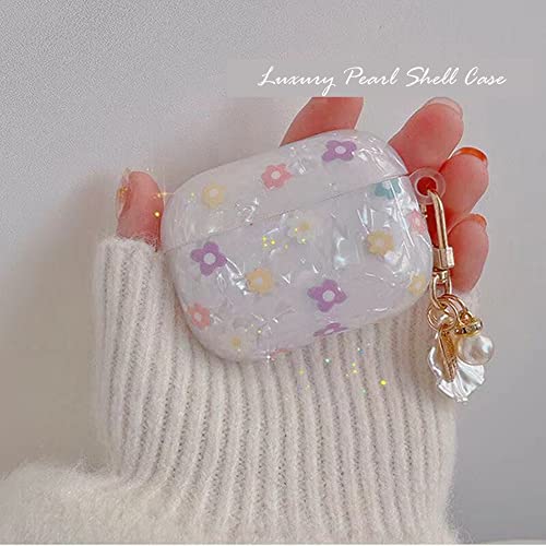 PHOEACC Cute Airpod Pro 2019 Case (NOT for Airpod 3rd 2021) Flower with Shell Pearl Keychain White Marble Soft TPU Protective Cover Compatible with AirPods Pro Case for Girls Teens Women (Floral)