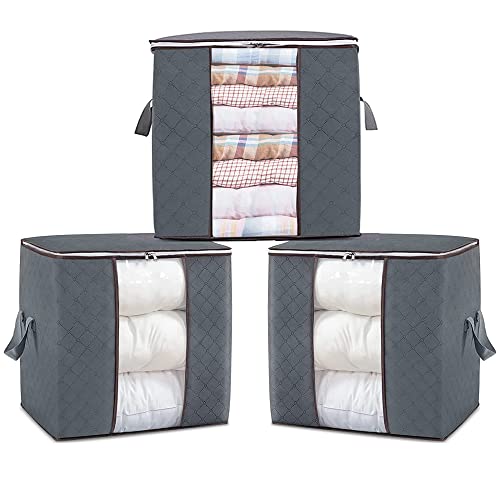 Micilelife Clothes Storage Bag 90L Large Storage Bags Closet Organizers and Storage，3-Pack, Gray,Foldable Organizer, With Clear Window,Suitable for Finishing Of Household ItemsReinforced Thick and Durable Organizer, Suitable for Finishing the Bedrooms,To