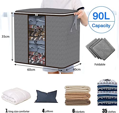 Micilelife Clothes Storage Bag 90L Large Storage Bags Closet Organizers and Storage，3-Pack, Gray,Foldable Organizer, With Clear Window,Suitable for Finishing Of Household ItemsReinforced Thick and Durable Organizer, Suitable for Finishing the Bedrooms,To