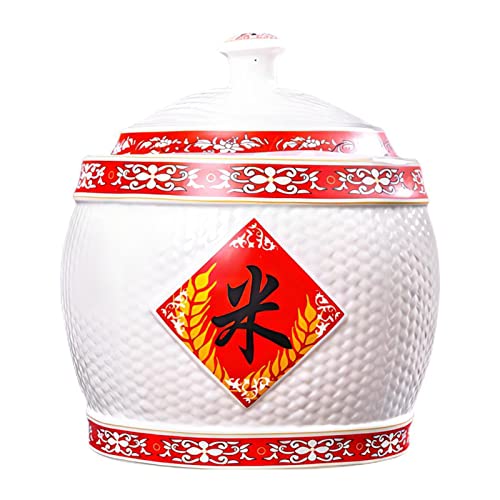 Food Dispenser Retro Ceramic Rice Bucket Cereal Storage Container Chinese Porcelain Grain Dispenser Suitable for Flour, Sugar, Coffee, Rice, Nuts, Snacks, Pet Food, Tea (Size : 12.5kg/27.5lbs)