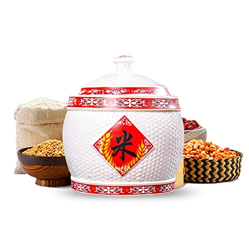 Food Dispenser Retro Ceramic Rice Bucket Cereal Storage Container Chinese Porcelain Grain Dispenser Suitable for Flour, Sugar, Coffee, Rice, Nuts, Snacks, Pet Food, Tea (Size : 12.5kg/27.5lbs)