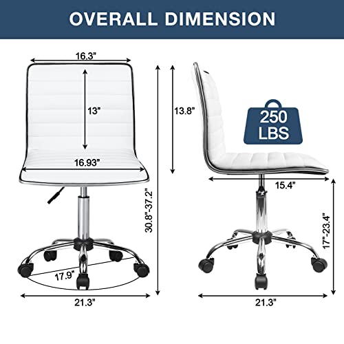 BOSSIN Adjustable Home Office Chair, Mid-Back Armless Ribbed Swivel Task Chair,Vanity Chair for Small Space, Living Room, Make-up, Studying (White)