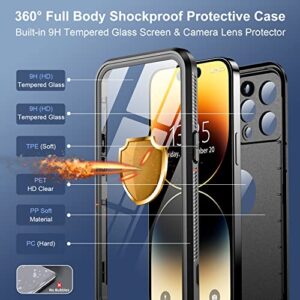 SPIDERCASE for iPhone 14 Pro Case, Waterproof Built-in 【9H Tempered Glass】 Screen & Camera Lens Protector 【12FT Military Shockproof】 IP68 Water Resistance 【Full-Body Heavy Duty】 Rugged Case, Black