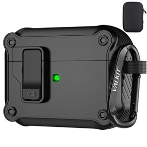 valkit compatible airpods pro case cover with lock, military rugged shockproof airpod pro case for men women hard shell ipod protective skin with keychain for air pod pro charging case, black
