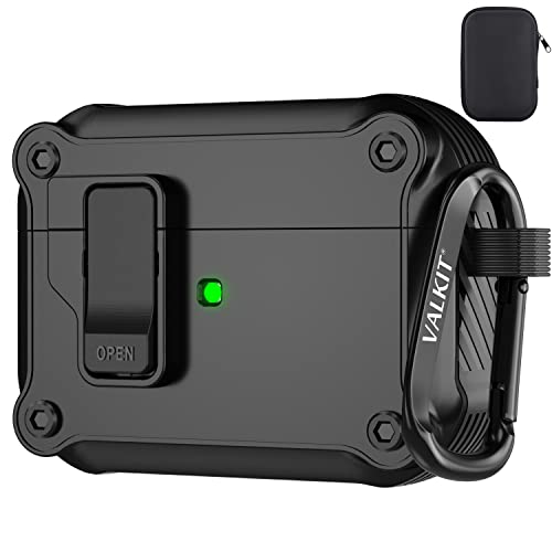 Valkit Compatible Airpods Pro Case Cover with Lock, Military Rugged Shockproof AirPod Pro Case for Men Women Hard Shell iPod Protective Skin with Keychain for Air Pod Pro Charging Case, Black