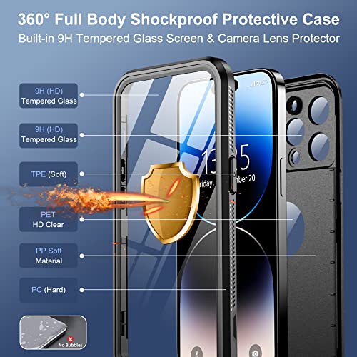 SPIDERCASE for iPhone 14 Pro Max Case, Waterproof Built-in【9H Tempered Glass】 Screen & Camera Lens Protector【12FT Military Shockproof】 IP68 Water Resistance Full-Body Heavy Duty Rugged Case, Black