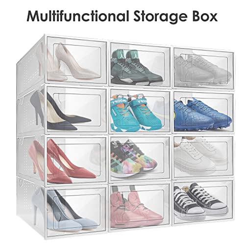 Clear Shoe Boxes Stackable Shoe Storage Boxes with Lids,12 Pack Shoe Boxes Clear Plastic Stackable Shoe Organizers For Closet(M)