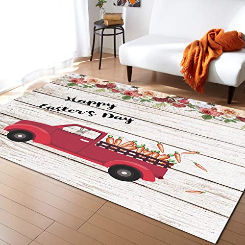 3x5ft Large Area Rugs for Living Room, Happy Easter Car Collection Area Runner Rugs Non Slip Bedroom Carpets Hallways Rug, Outdoor Indoor Nursery Rugs Décor Carrot Bunny Flora Wood