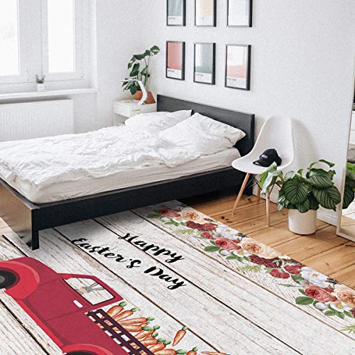 3x5ft Large Area Rugs for Living Room, Happy Easter Car Collection Area Runner Rugs Non Slip Bedroom Carpets Hallways Rug, Outdoor Indoor Nursery Rugs Décor Carrot Bunny Flora Wood