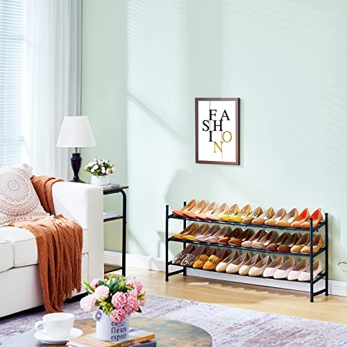 Tajsoon Expandable Shoe Rack Organizer, 3 Tier Adjustable Metal Iron Shoe Shelf, Shoe Storage Organizer for Closet Bedroom Entryway, Black