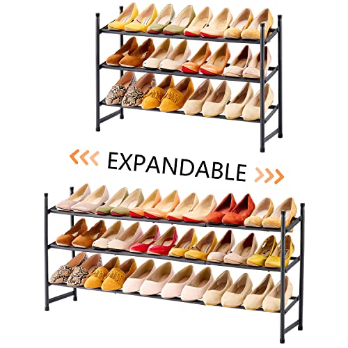 Tajsoon Expandable Shoe Rack Organizer, 3 Tier Adjustable Metal Iron Shoe Shelf, Shoe Storage Organizer for Closet Bedroom Entryway, Black