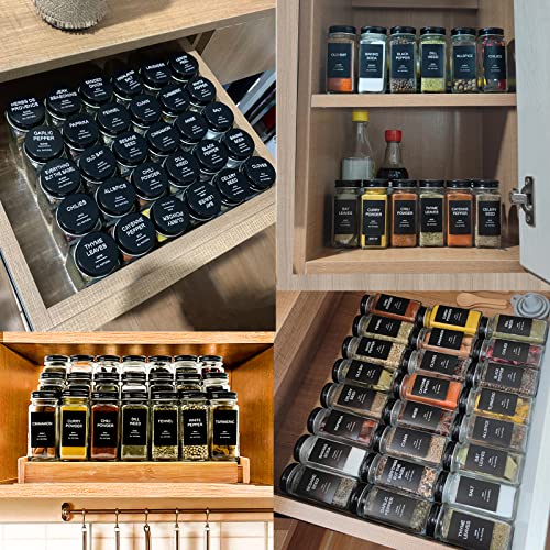GPOVVIMX 24 Pcs Glass Spice Jars with 408 Labels, 4oz Empty Seasoning Bottles Square Containers with Black Metal Caps - Shaker Lids, Funnel, Brush and Marker Included