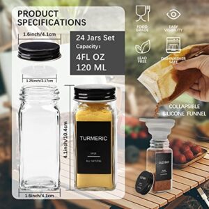 GPOVVIMX 24 Pcs Glass Spice Jars with 408 Labels, 4oz Empty Seasoning Bottles Square Containers with Black Metal Caps - Shaker Lids, Funnel, Brush and Marker Included