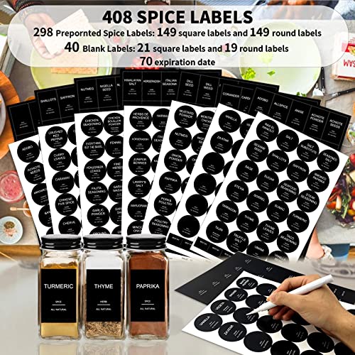 GPOVVIMX 24 Pcs Glass Spice Jars with 408 Labels, 4oz Empty Seasoning Bottles Square Containers with Black Metal Caps - Shaker Lids, Funnel, Brush and Marker Included